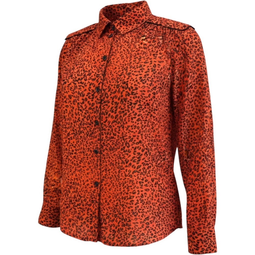 Mob Wife Orange Leopard Print Bold Blouse Smocked Cuffs Womens Small